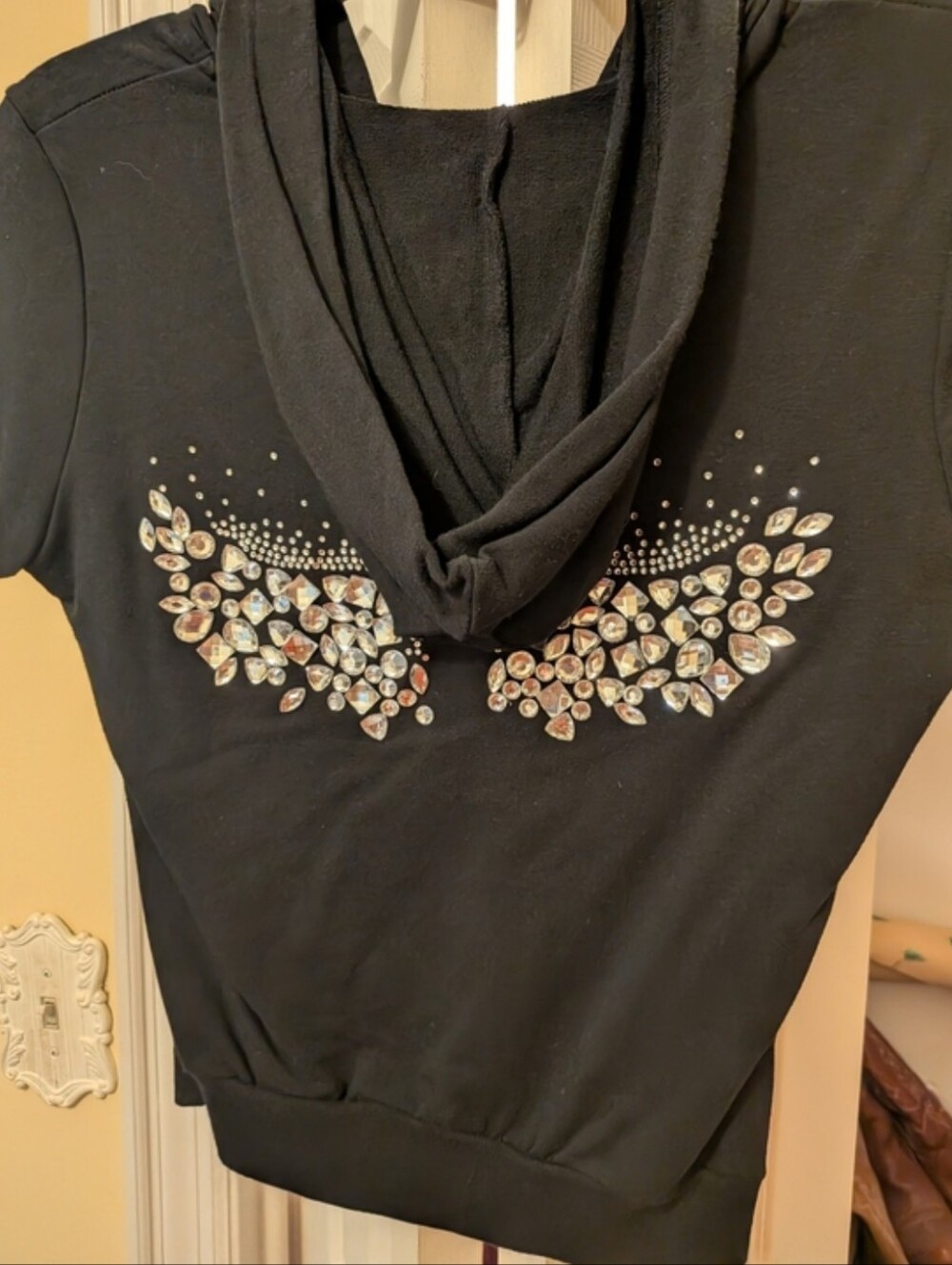 Black Short-Sleeve Zip Hoodie Jacket With Crystal Angel Wings On Back